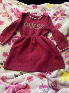 Guess Fuchsia Knit Dress with Gold Glitter Logo